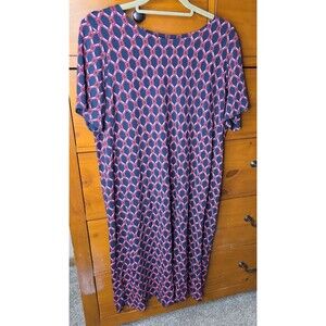 J Jill Wearever Dress Size Large Tall Geometric Short Sleeve Red Blue Stretch